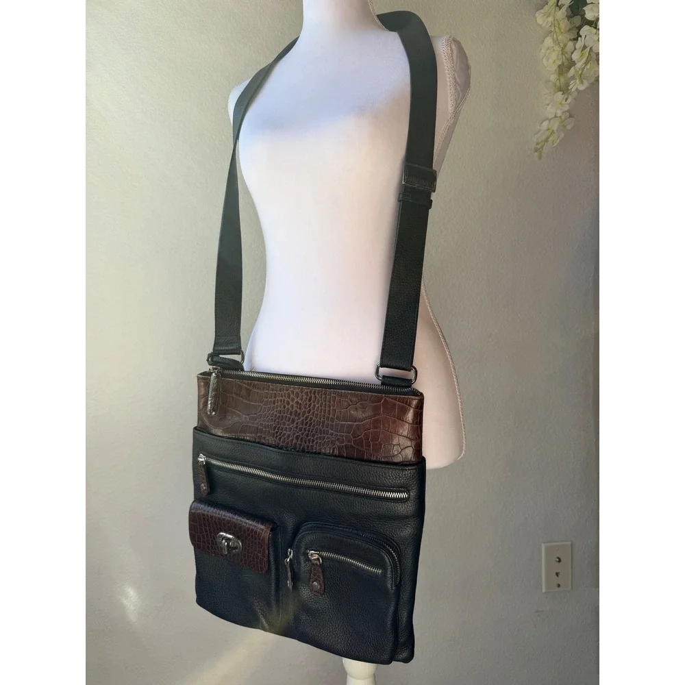Brighton Black Brown Leather Croc Embossed Crossbody Bag E297898